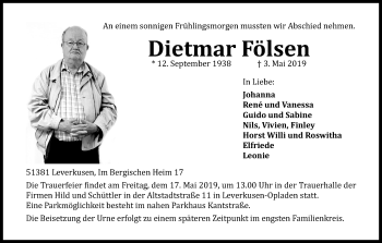 Anzeige von Dietmar Fölsen von Kölner Stadt-Anzeiger / Kölnische Rundschau / Express