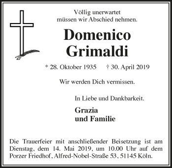 Anzeige von Domenico Grimaldi von  Kölner Wochenspiegel 