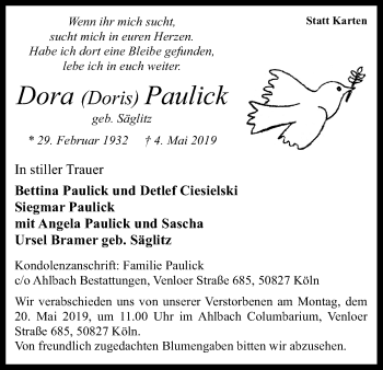 Anzeige von Dora Paulick von Kölner Stadt-Anzeiger / Kölnische Rundschau / Express