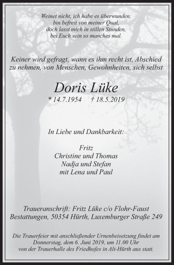 Anzeige von Doris Lüke von  Wochenende 