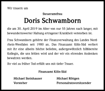 Anzeige von Doris Schwamborn von Kölner Stadt-Anzeiger / Kölnische Rundschau / Express