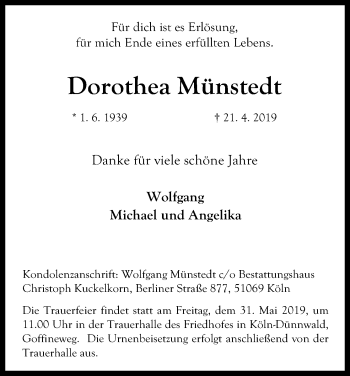 Anzeige von Dorothea Münstedt von Kölner Stadt-Anzeiger / Kölnische Rundschau / Express