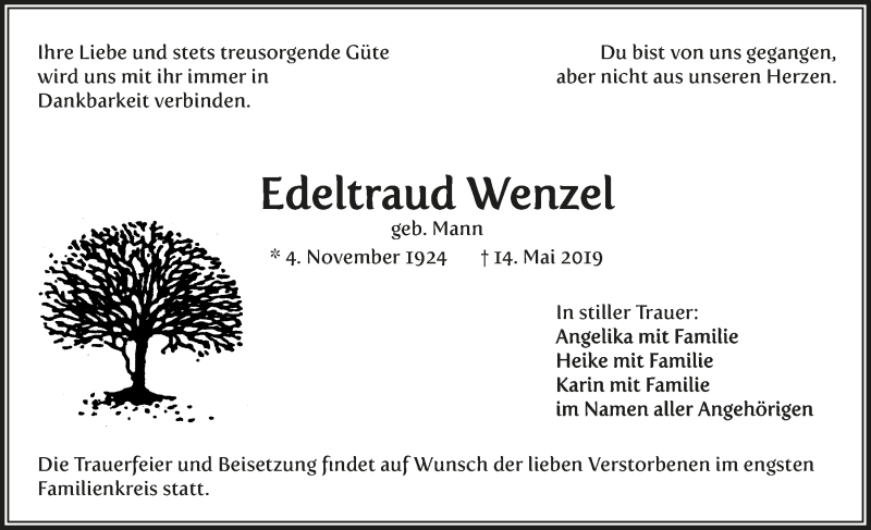  Traueranzeige für Edeltraud Wenzel vom 22.05.2019 aus  Anzeigen Echo 