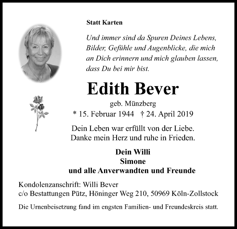  Traueranzeige für Edith Bever vom 18.05.2019 aus Kölner Stadt-Anzeiger / Kölnische Rundschau / Express