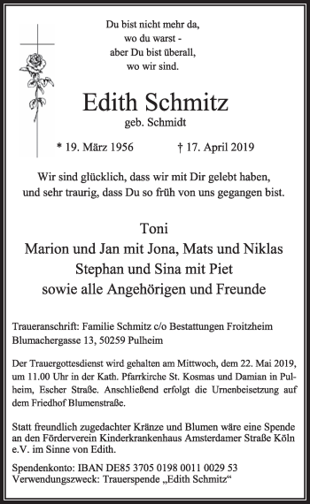 Anzeige von Edith Schmitz von  Sonntags-Post 