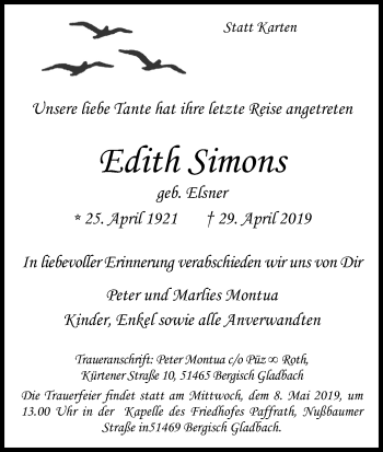 Anzeige von Edith Simons von Kölner Stadt-Anzeiger / Kölnische Rundschau / Express