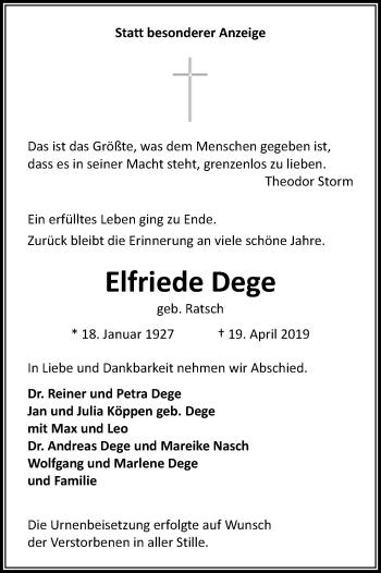 Anzeige von Elfriede Dege von Kölner Stadt-Anzeiger / Kölnische Rundschau / Express
