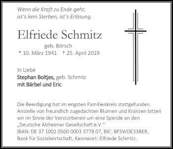 Anzeige von Elfriede Schmitz von Kölner Stadt-Anzeiger / Kölnische Rundschau / Express