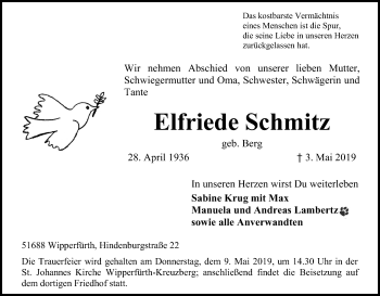 Anzeige von Elfriede Schmitz von Kölner Stadt-Anzeiger / Kölnische Rundschau / Express