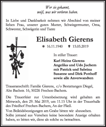 Anzeige von Elisabeth Gierens von  Sonntags-Post 