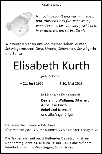 Anzeige von Elisabeth Kurth von Kölner Stadt-Anzeiger / Kölnische Rundschau / Express