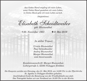 Anzeige von Elisabeth Scheidtweiler von  Blickpunkt Euskirchen 