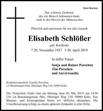 Anzeige von Elisabeth Schlößer von Kölner Stadt-Anzeiger / Kölnische Rundschau / Express
