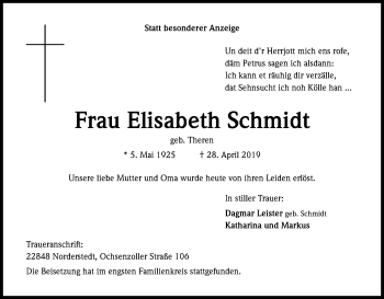 Anzeige von Elisabeth Schmidt von Kölner Stadt-Anzeiger / Kölnische Rundschau / Express
