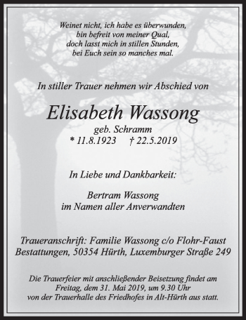 Anzeige von Elisabeth Wassong von  Sonntags-Post 
