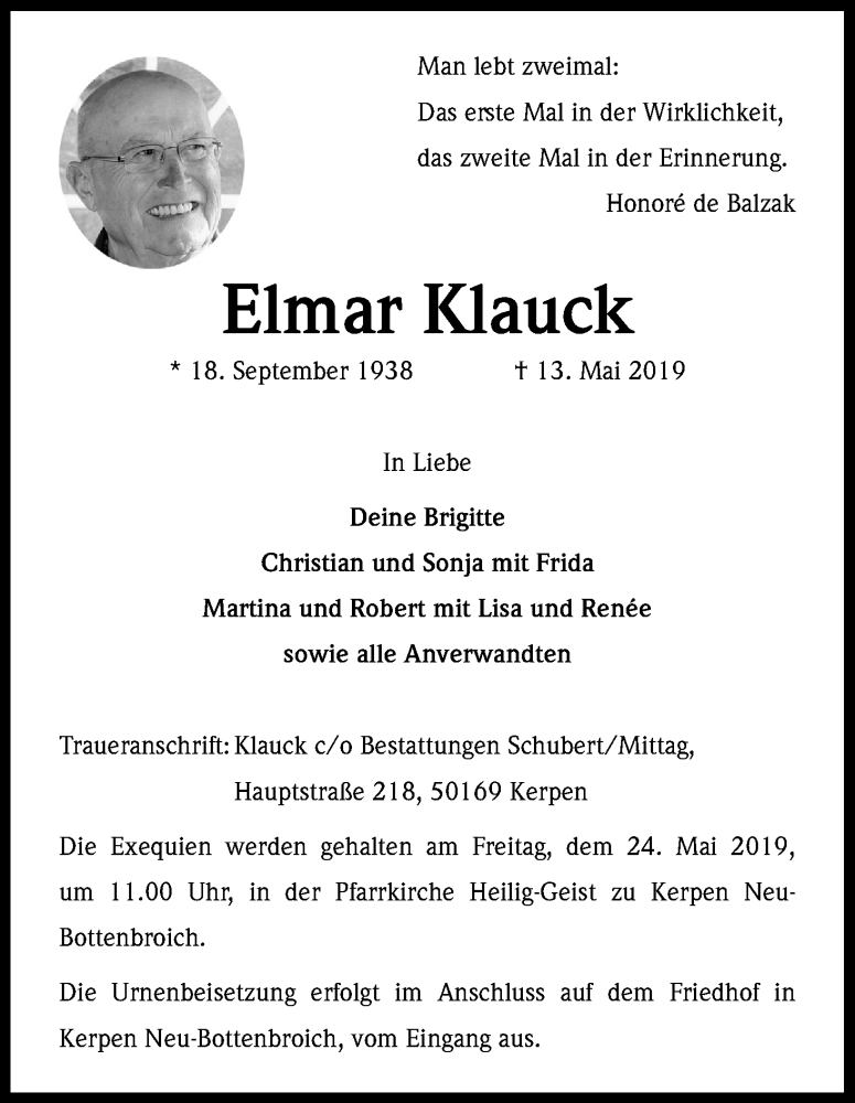  Traueranzeige für Elmar Klauck vom 21.05.2019 aus Kölner Stadt-Anzeiger / Kölnische Rundschau / Express