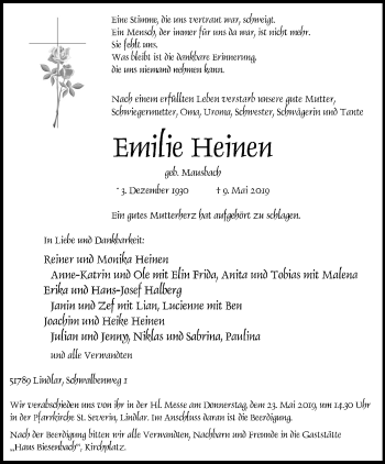 Anzeige von Emilie Heinen von Kölner Stadt-Anzeiger / Kölnische Rundschau / Express