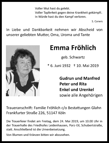 Anzeige von Emma Fröhlich von  Kölner Wochenspiegel 