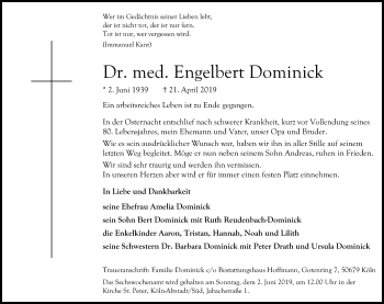 Anzeige von Engelbert Dominick von Kölner Stadt-Anzeiger / Kölnische Rundschau / Express