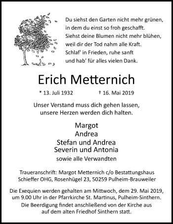 Anzeige von Erich Metternich von Kölner Stadt-Anzeiger / Kölnische Rundschau / Express