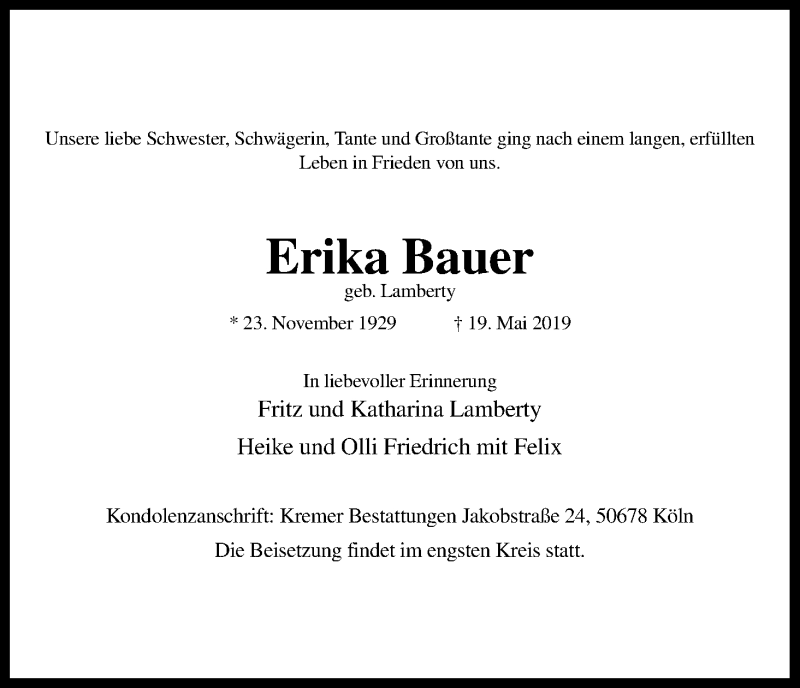  Traueranzeige für Erika Bauer vom 25.05.2019 aus Kölner Stadt-Anzeiger / Kölnische Rundschau / Express