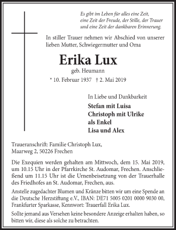 Anzeige von Erika Lux von  Sonntags-Post 
