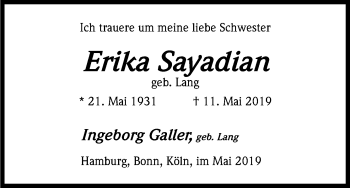 Anzeige von Erika Sayadian von Kölner Stadt-Anzeiger / Kölnische Rundschau / Express