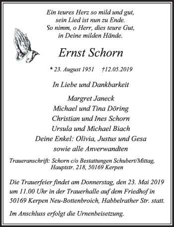 Anzeige von Ernst Schorn von  Sonntags-Post 