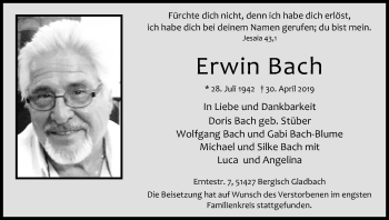 Anzeige von Erwin Bach von Kölner Stadt-Anzeiger / Kölnische Rundschau / Express