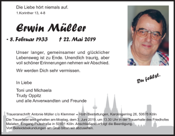 Anzeige von Erwin Müller von Kölner Stadt-Anzeiger / Kölnische Rundschau / Express