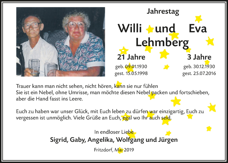  Traueranzeige für Eva Lehmberg vom 08.05.2019 aus  Schaufenster/Blickpunkt 