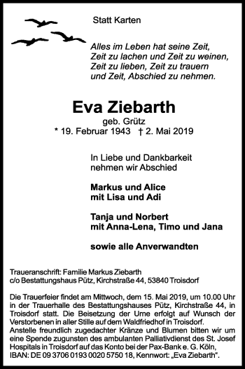 Anzeige von Eva Ziebarth von Kölner Stadt-Anzeiger / Kölnische Rundschau / Express
