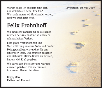 Anzeige von Felix Frohnhoff von Kölner Stadt-Anzeiger / Kölnische Rundschau / Express