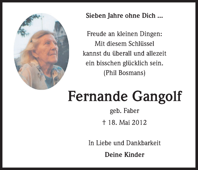  Traueranzeige für Fernande Gangolf vom 18.05.2019 aus Kölner Stadt-Anzeiger / Kölnische Rundschau / Express