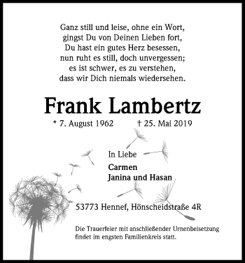 Anzeige von Frank Lambertz von Kölner Stadt-Anzeiger / Kölnische Rundschau / Express