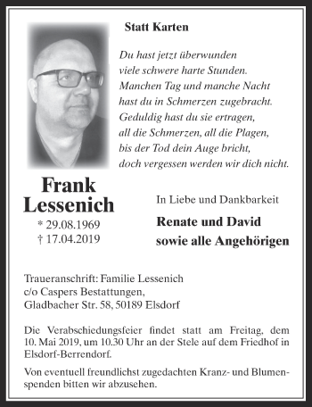 Anzeige von Frank Lessenich von  Werbepost 