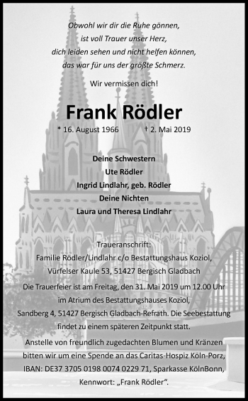 Anzeige von Frank Rödler von Kölner Stadt-Anzeiger / Kölnische Rundschau / Express