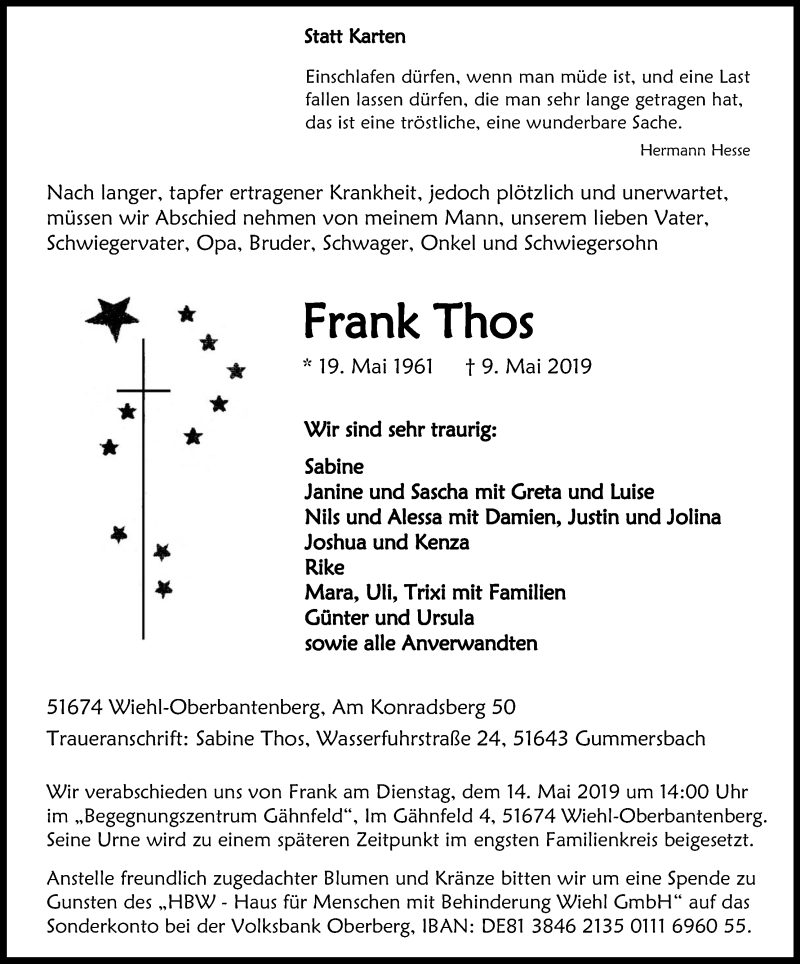  Traueranzeige für Frank Thos vom 13.05.2019 aus Kölner Stadt-Anzeiger / Kölnische Rundschau / Express