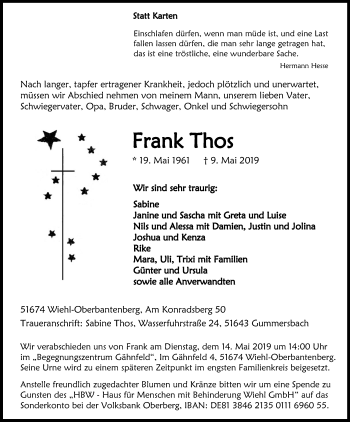 Anzeige von Frank Thos von Kölner Stadt-Anzeiger / Kölnische Rundschau / Express