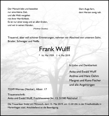 Anzeige von Frank Wulff von Kölner Stadt-Anzeiger / Kölnische Rundschau / Express