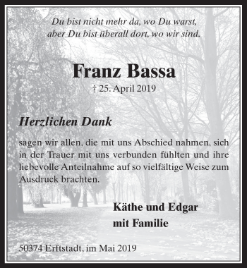 Anzeige von Franz Bassa von  Werbepost 
