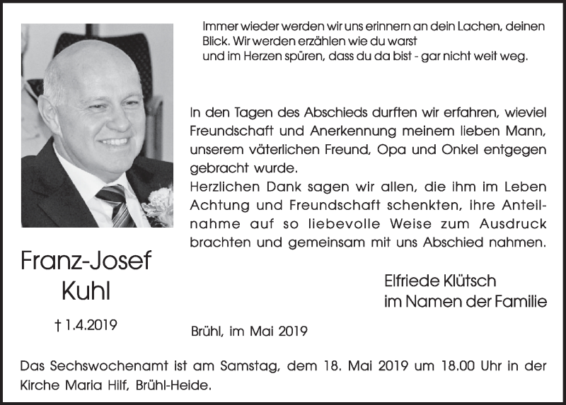  Traueranzeige für Franz-Josef Kuhl vom 15.05.2019 aus  Schlossbote/Werbekurier 