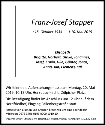 Anzeige von Franz-Josef Stapper von Kölner Stadt-Anzeiger / Kölnische Rundschau / Express