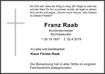 Anzeige von Franz Raab von Kölner Stadt-Anzeiger / Kölnische Rundschau / Express