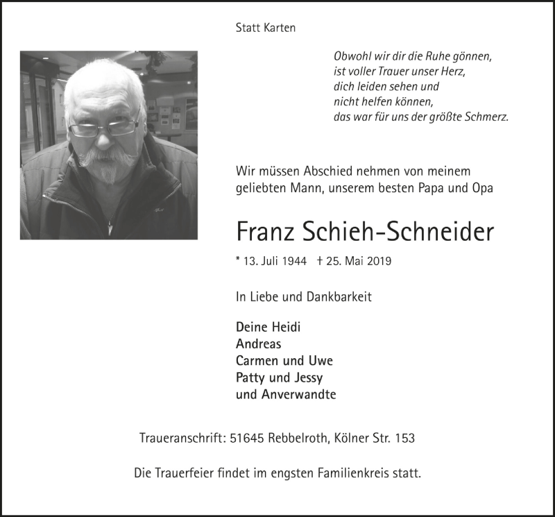  Traueranzeige für Franz Schieh-Schneider vom 29.05.2019 aus  Anzeigen Echo 