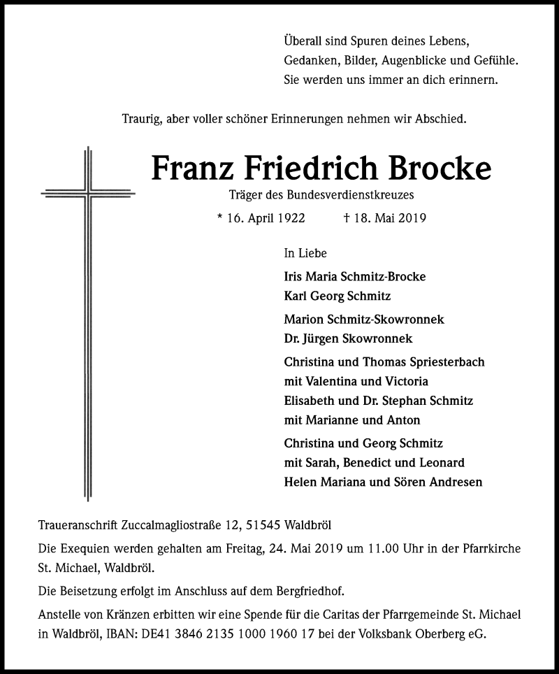 Traueranzeige für Franz Friedrich Brocke vom 21.05.2019 aus Kölner Stadt-Anzeiger / Kölnische Rundschau / Express