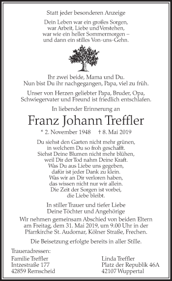 Anzeige von Franz Johann Treffler von  Sonntags-Post 