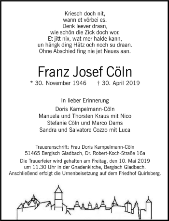Anzeige von Franz Josef Cöln von  Bergisches Handelsblatt 