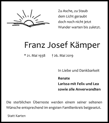 Anzeige von Franz Josef Kämper von Kölner Stadt-Anzeiger / Kölnische Rundschau / Express