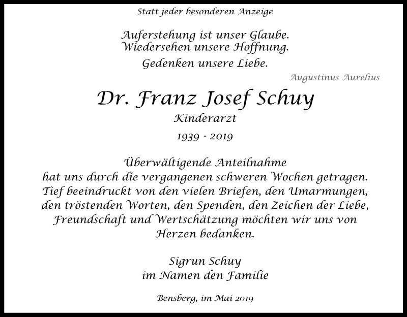  Traueranzeige für Franz Josef Schuy vom 25.05.2019 aus Kölner Stadt-Anzeiger / Kölnische Rundschau / Express